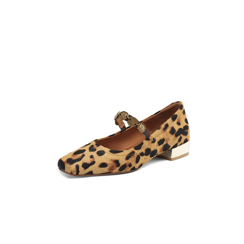 

2026 New Trend Horsehair Cows Pattern Spring Women Low Heel Lady Square Toe Buckle Leopard Black Milch Cow Flat Shoes Plus Size