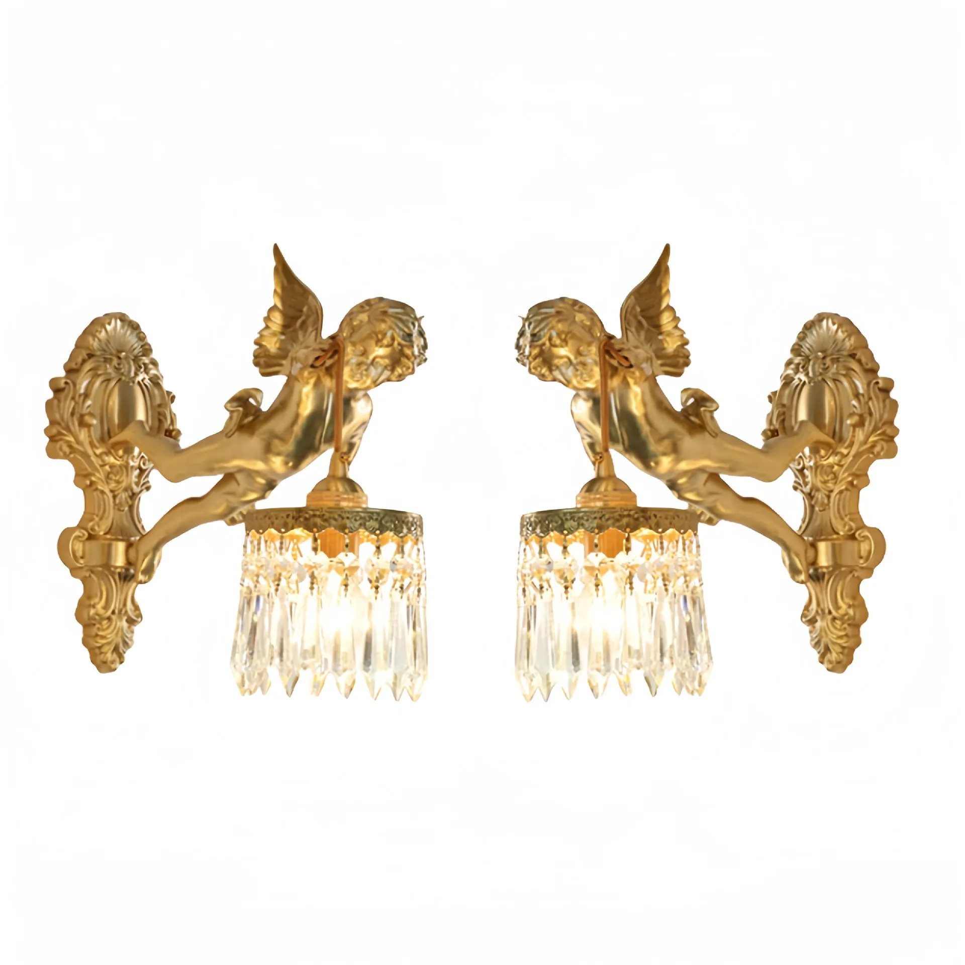 

European style all-copper angel wall lamp, living room, bedroom, study, aisle, staircase background wall, brass crystal retro