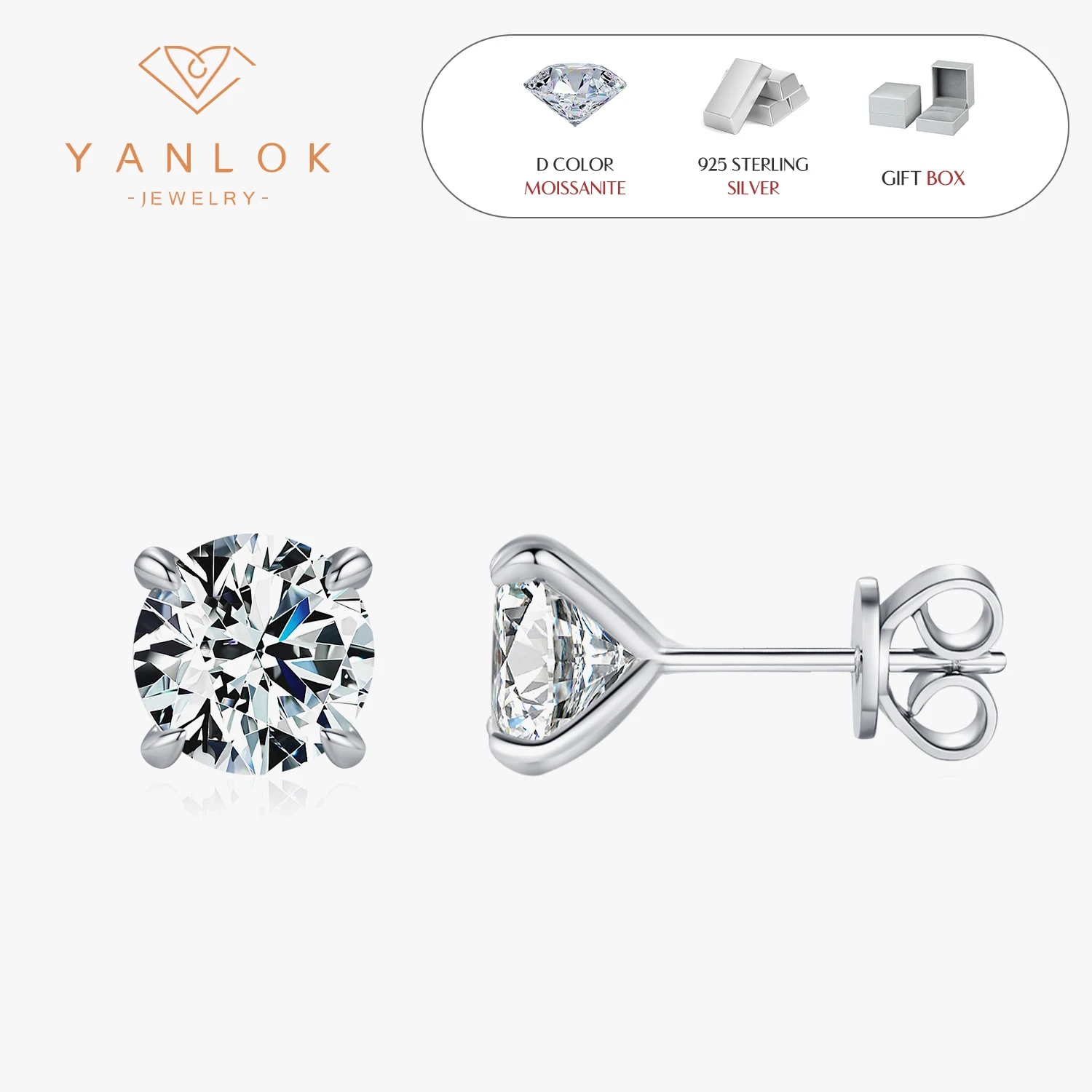 

YANLOK 925 Sterling Silver Sparkling 1-2CT D Color Moissanite Stud Earrings For Women Wedding Engagement Fine Jewelry Gift Box