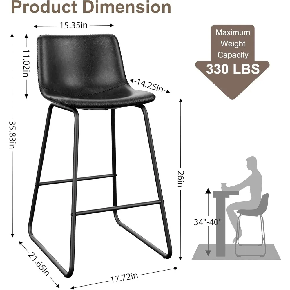 مجموعة مقاعد بار مكونة من 2، مقاعد بارتفاع من الجلد الصناعي، مقاعد للبار حديثة مقاس 26 بوصة بأرجل معدنية ومسند للقدمين، عد حضري بدون ذراع #2