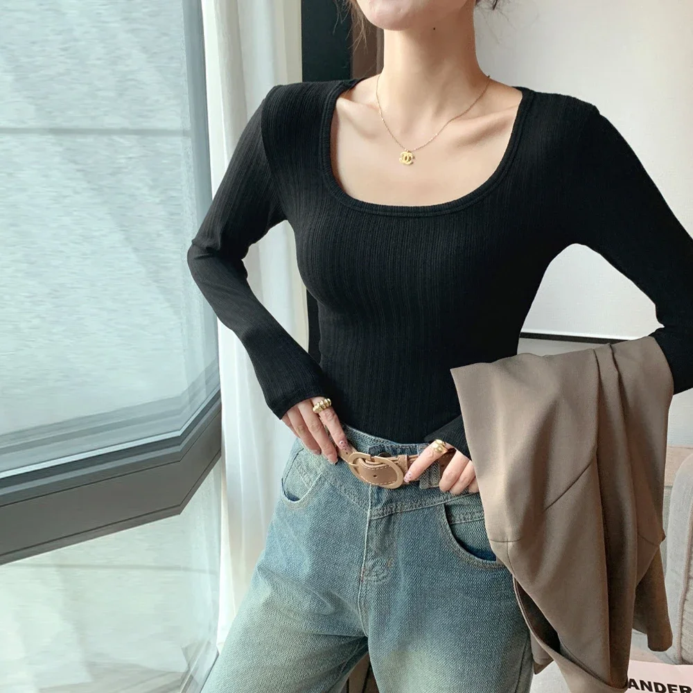 

Sexy Full Sleeve T shirt Women S-XL Black White Elegant Long Sleeve O-Neck Slim Stretch Top Girl Elastic Knitting Female Blouses