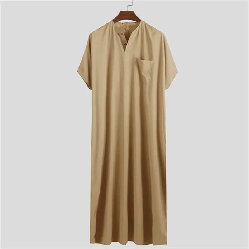 Islamic Arabic Kaftan for Men Vintage Solid Short Sleeve Loose Retro Robe Abaya Dubai Middle East Muslim Dress Men\'s Clothing