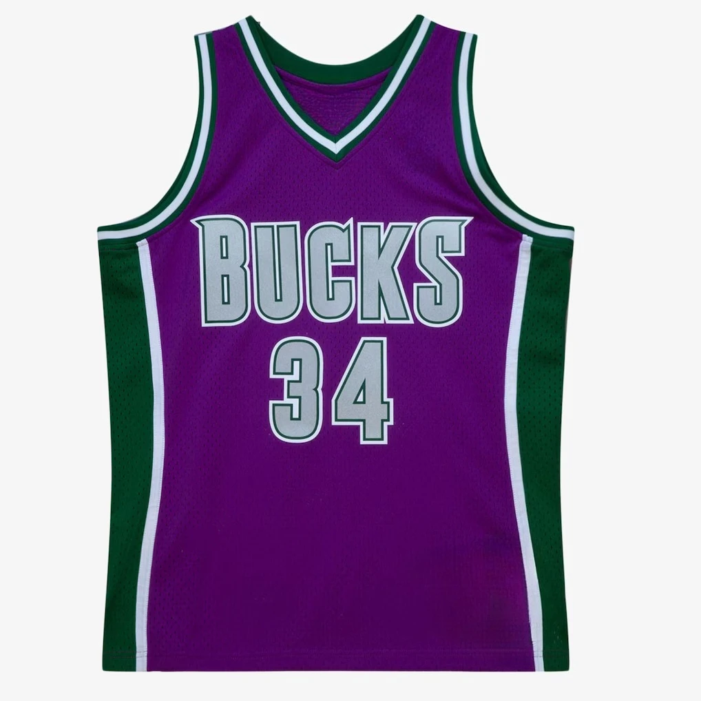 Giannis Antetokounmpo #   34 Traje de baloncesto retro familiar morado y verde, camiseta sin mangas de malla transpirable
