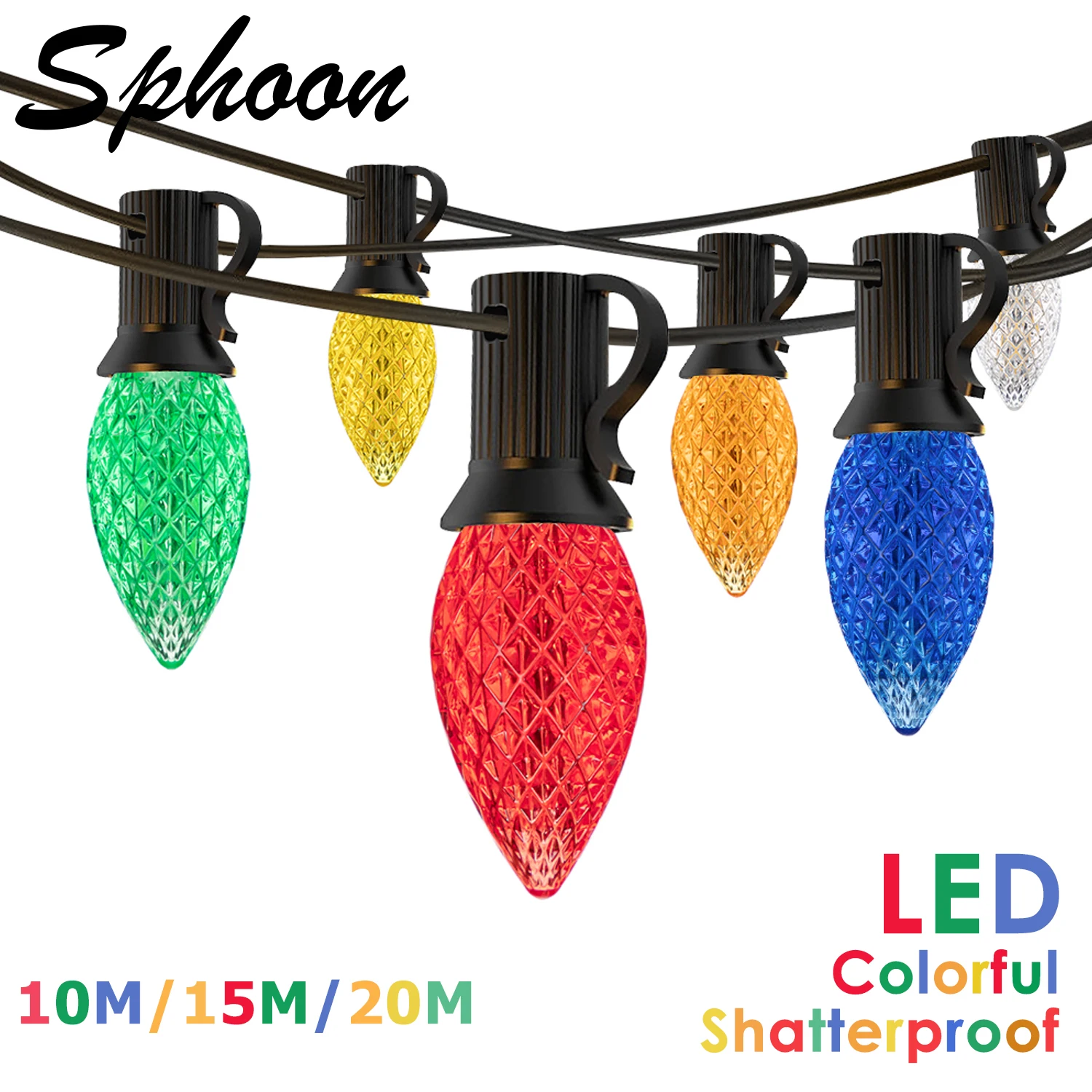 50FT C7 Christmas String Lights RGB Dimmable Faceted Strawberry Led Bulbs Connectable Outdoor Fairy Lights Party Holiday Decor