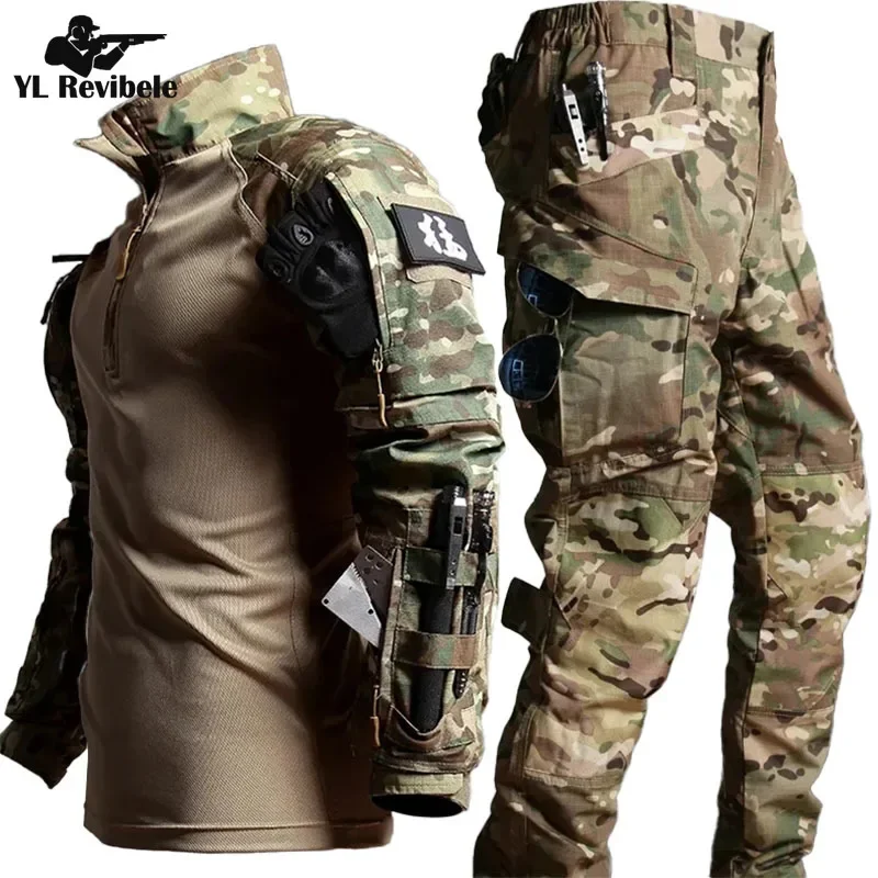 Outdoor Tactical Sets Men Wear-resistant Hunting Uniform Sweatshirt+Multi-pocket Cargo Pant 2 Pcs Suits Waterproof Combat Set