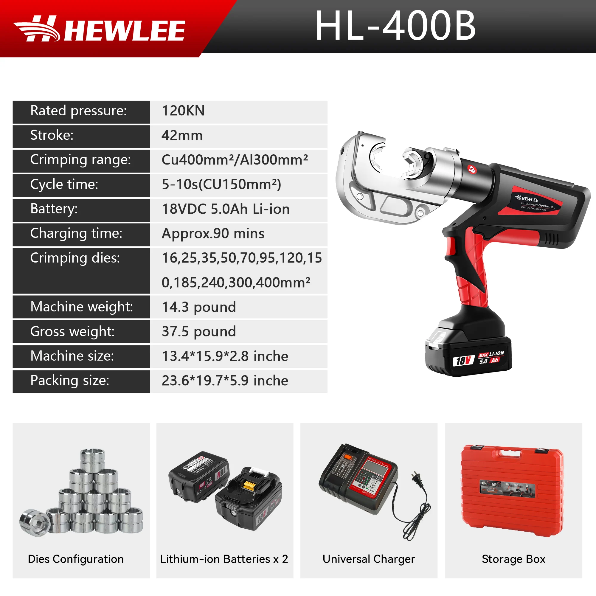 سلك كهربائي كابل المكشكش 12TON بطارية تعمل بالطاقة الهيدروليكية العقص أداة المدى 6AWG إلى 800MCM مع 12 يموت، كهربائيين ل Ci