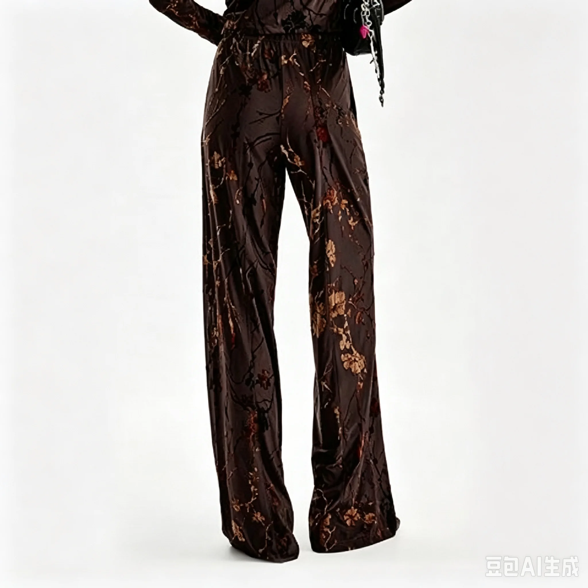 Spanish original single women's casual pants dark low brown plush fabric high waist loose hanging straight leg wide leg pants