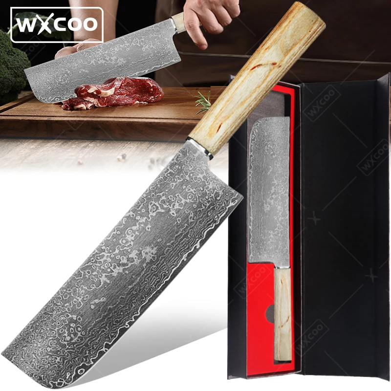 WXCOO Nakiri Knife Damascus Steel Hand Forged Knife Japanese Chef Knives Kitchen Slicing Vegetables Meat Cleaver Cooking Tools