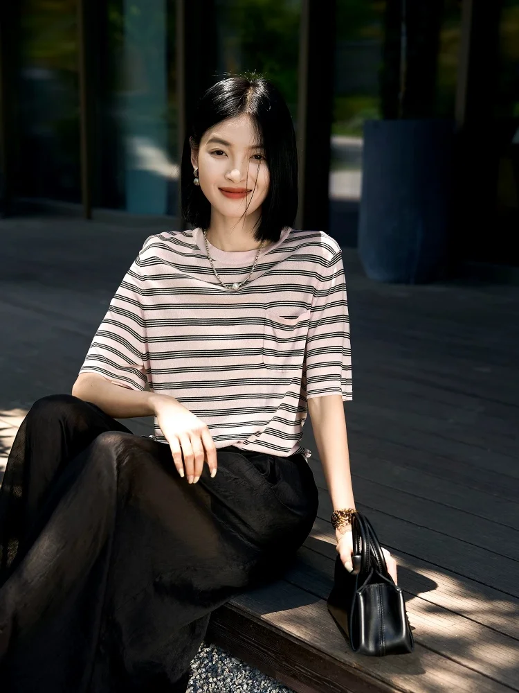 Birdtree, Silk Blended Stripe Tshirt, O-neck Short Sleeve Tops, Women's Knitted Pocket Casual Shirt, 2026 Autumn New T67809JF