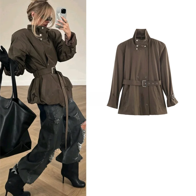 

Весенняя новинка: женское повседневное пальто средней длины с воротником-стойкой, двойными пуговицами и поясом, в французском стиле.