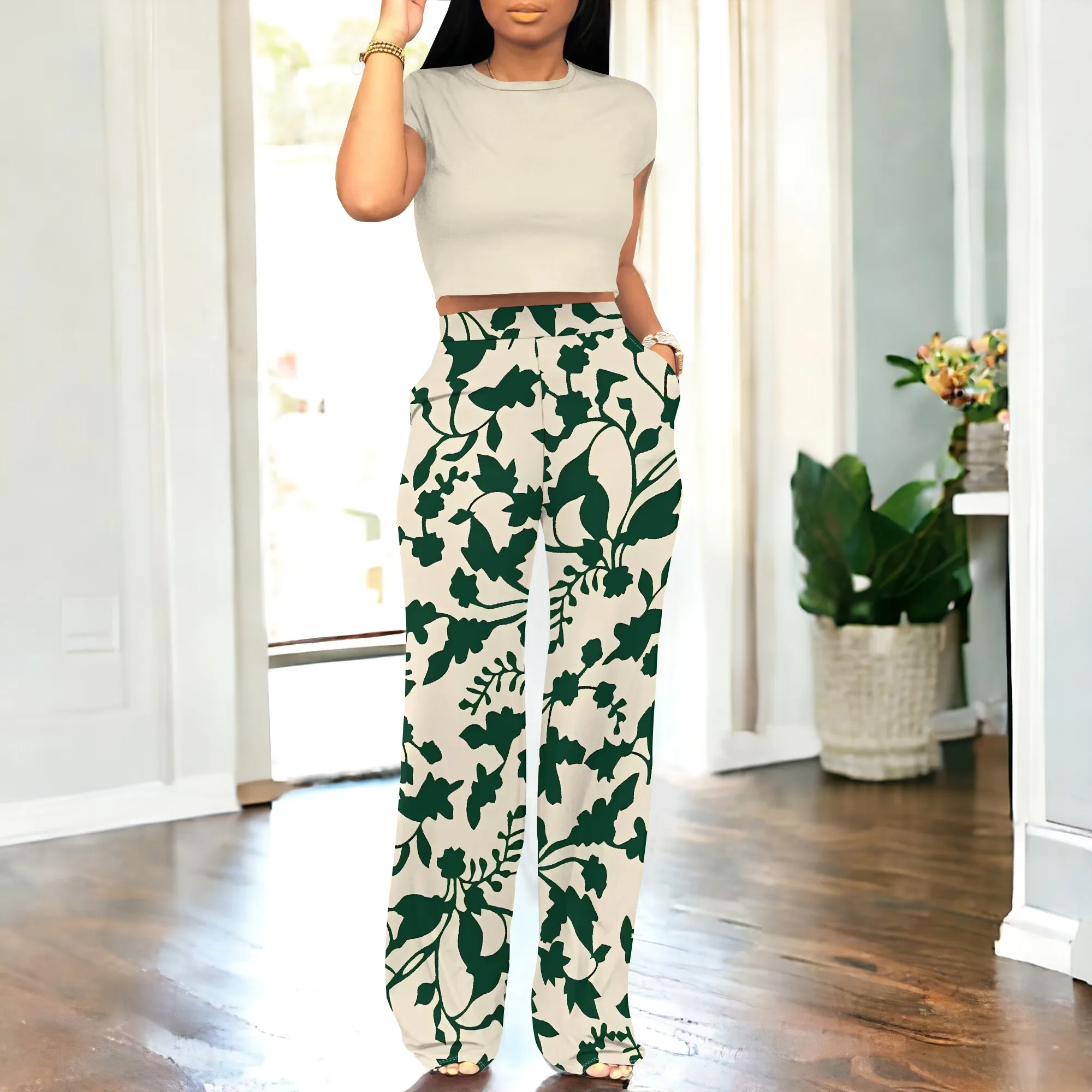 

Women's Two Piece Set Green Floral Print High Waist Pants and Beige Crop Top Casual Summer Look