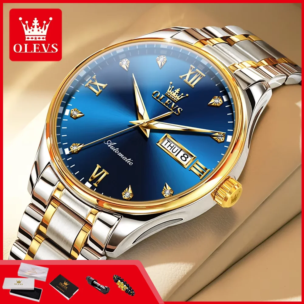 

Мужские наручные часы OLEVS 9955 класса люкс из нержавеющей стали, водонепроницаемые, с люминесцентным покрытием, двойным календарем, простым дизайном, автоматическим механическим механизмом.