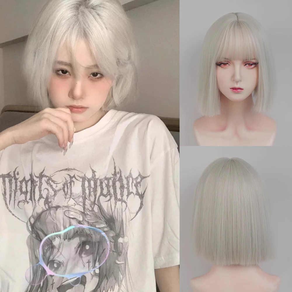 

Bob Beige White Short Straight Synthetic Wigs With Bangs Lolita Cosplay Women Natural Fluffy Hair Wig for Daily Party