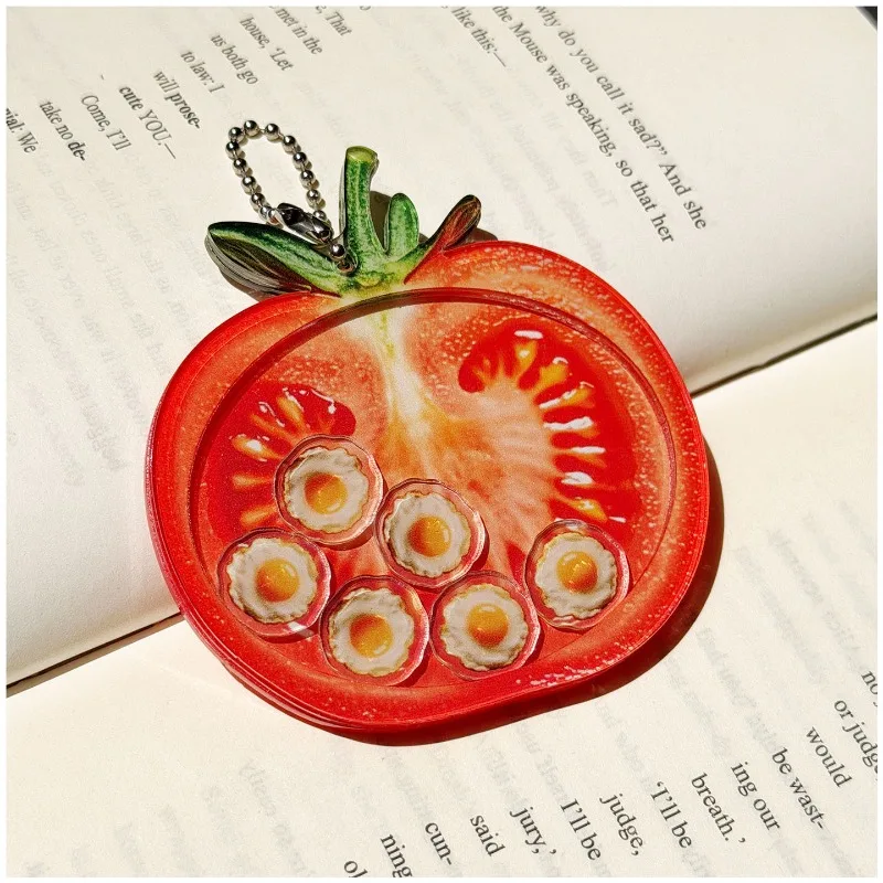 Cute Tomato Shaker Keychain Dual‑use Bookmark, Fried‑egg Liquid Oil Acrylic Bag Charm, Aesthetic Page Marker Gift for Students