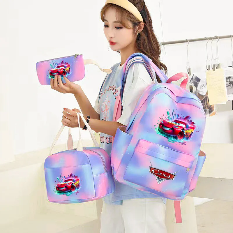 

3Pcs set Cars Lightning McQueen Girl Kid Backpack Student Schoolbag Double Shoulder Bag Travel Pen Lunch Bag Bookbag Laptop Sets