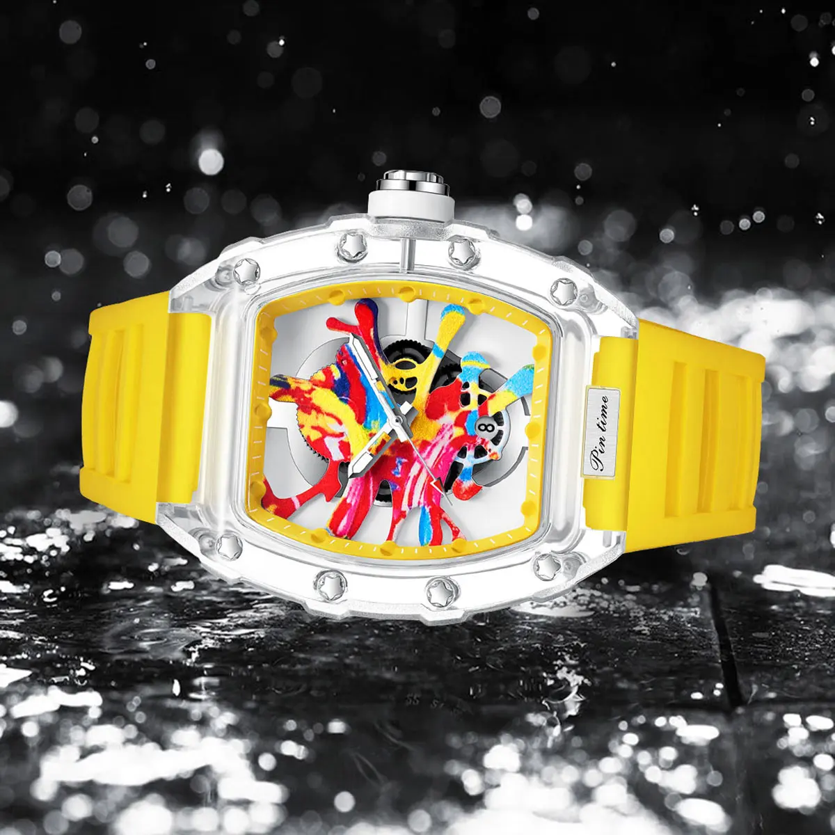 Luxury Tonneau Fashion Hallow Punk Graffiti Art Dial Hip-hop Unique Sports Wrist Watch Analog Japanese Movement Luminous Design