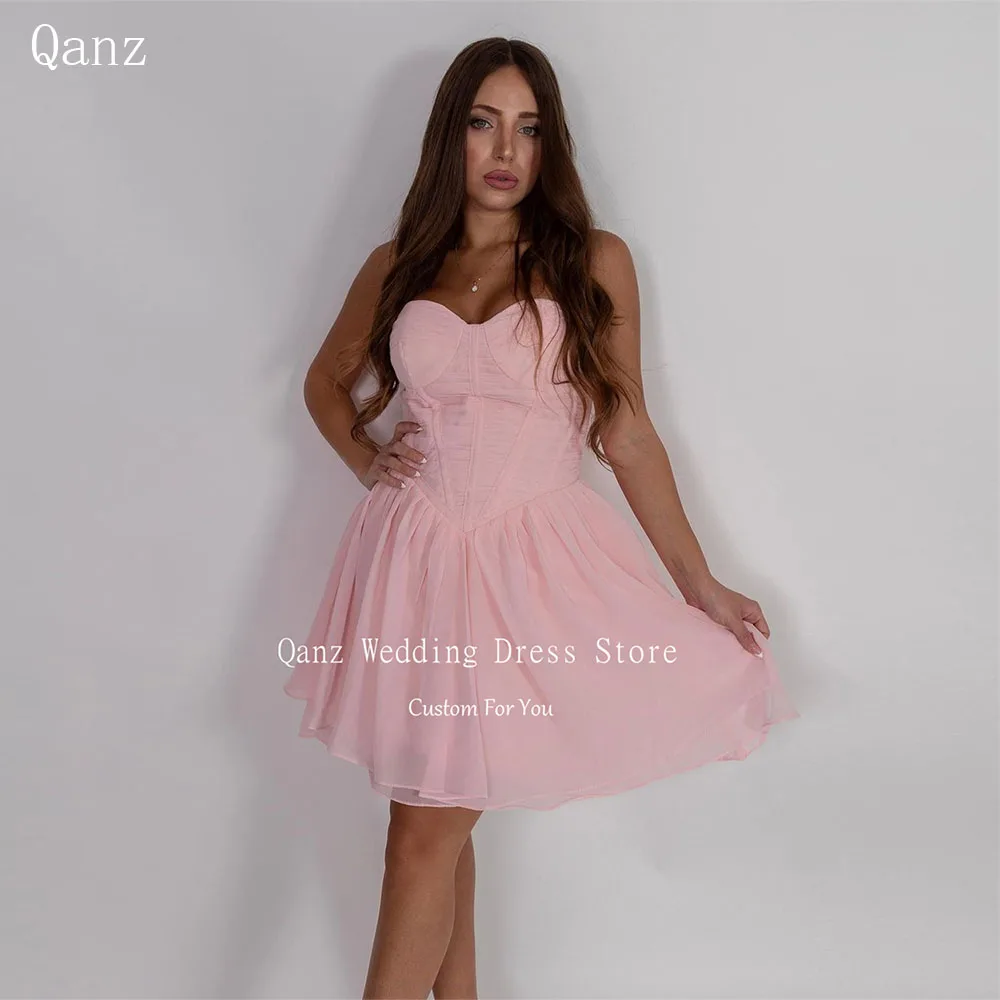 

Qanz Pink Customized Short Robes De Cocktail Silk Chiffon A Line Lace Up Back Mini Prom Dresses Vestidos Para Eventos Especiales