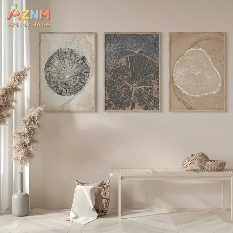 3pcsAZNM Neutral Beige Wood Tree Ring Annual Ring Canvas Wall Art Minimal Retro Texture Line Abstract Giclee Print Unframed Cott