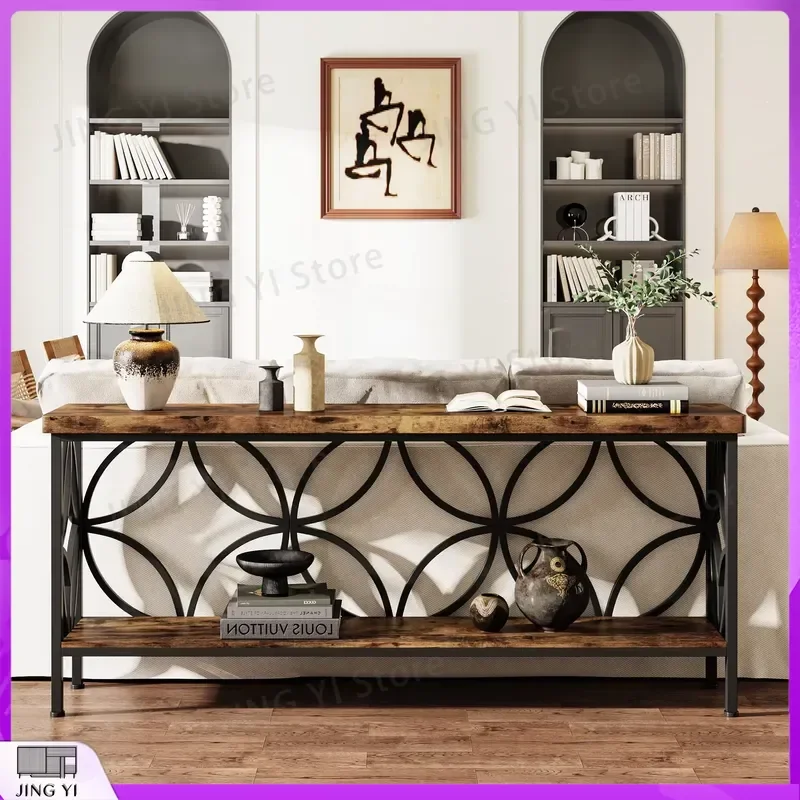 Modern MDF Sofa Table with 2-Tier Storage for Living Room Hotel Office Use 70.9 Inch Long Adjustable Height Sofa Desk Console