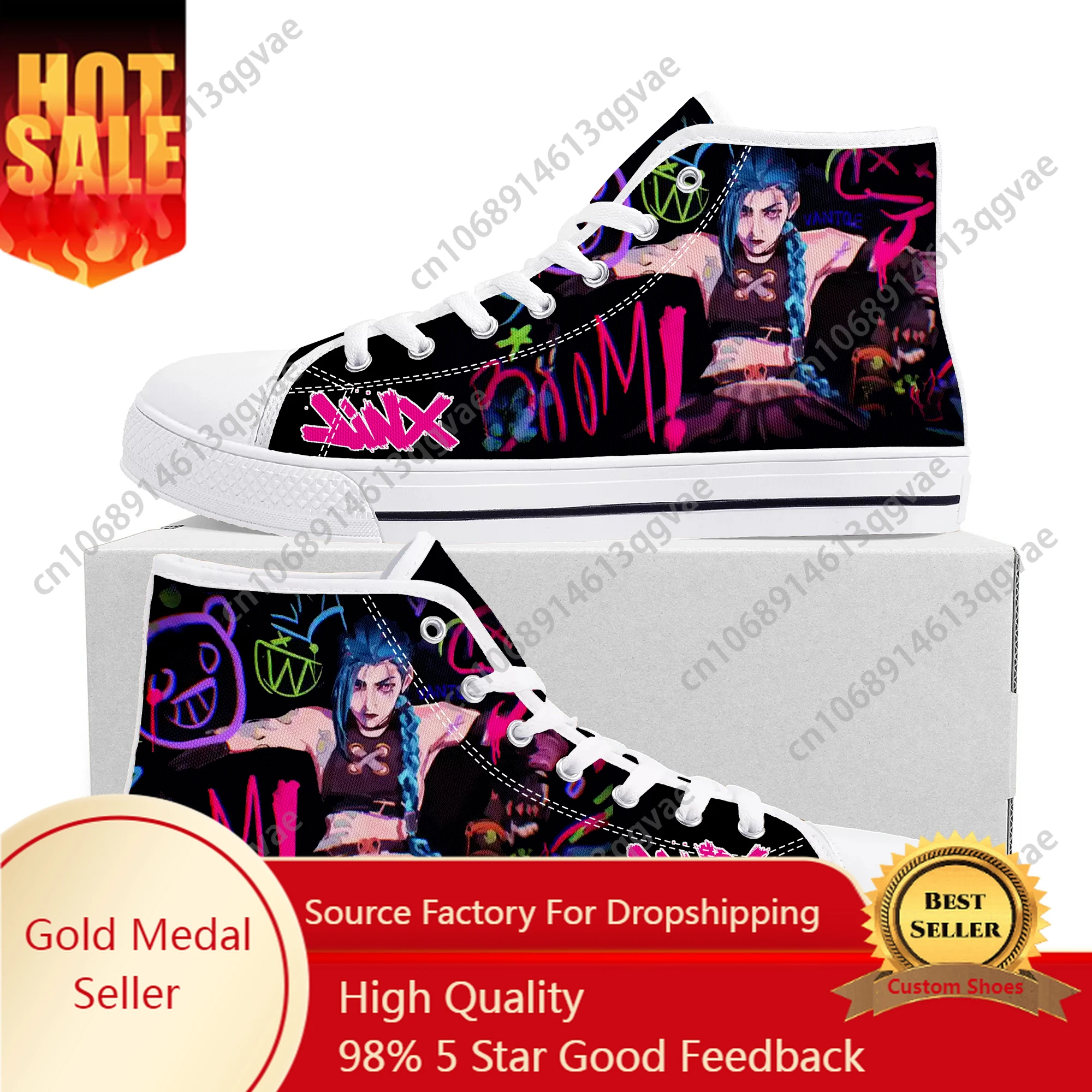 Anime Game Characters Arcane-Jinx High Top High Quality Sneakers Mens Womens Teenager Canvas Sneaker Custom Made Couple Shoes