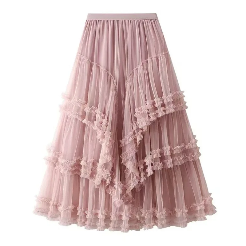 

Women's Exquisite Lace Trim Mesh Tiered Puffy Cake Skirt Multi-layered Premium Texture
