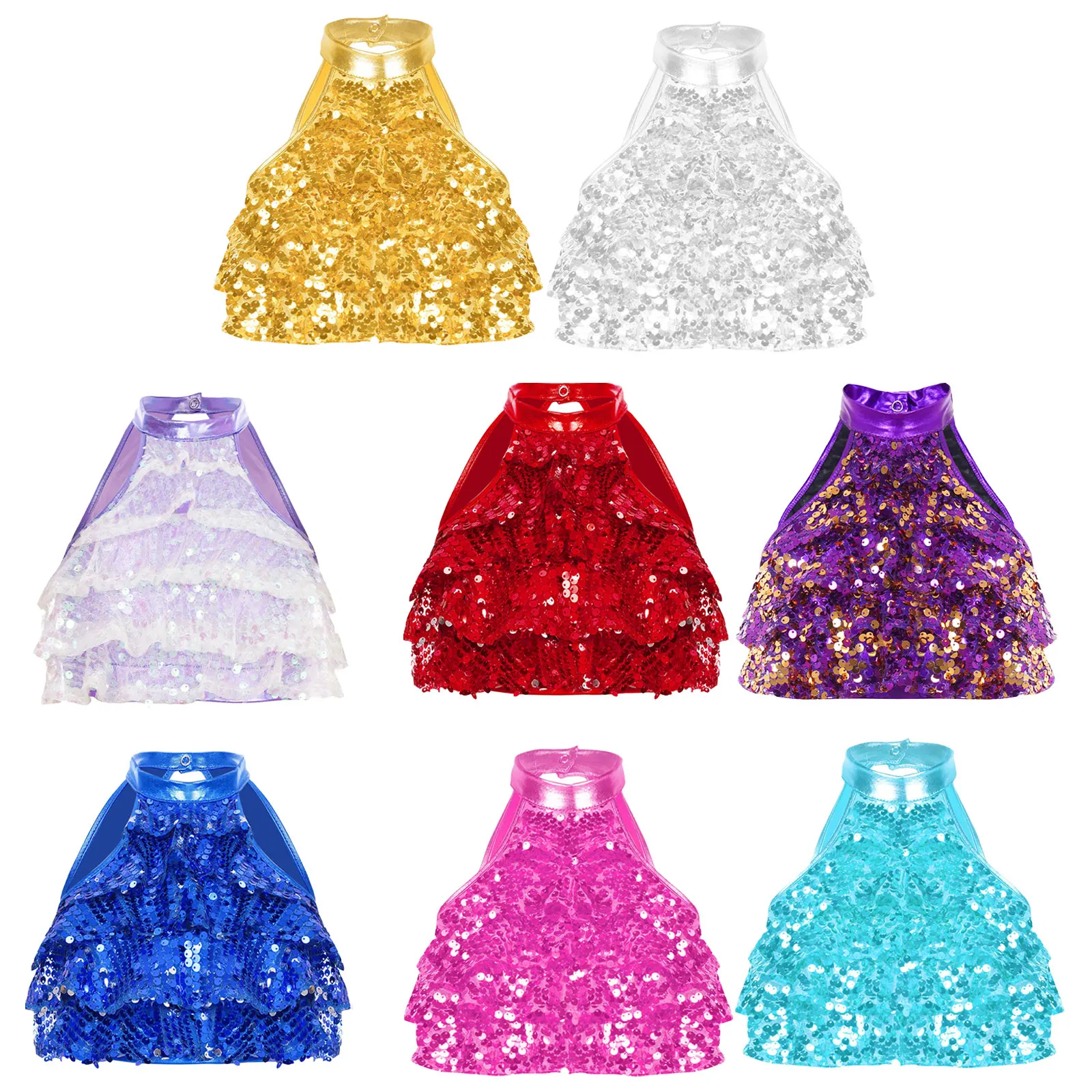 Kids Girls Shiny Sequin Dance Top Sleeveless Mock Neck Tiered Backless Crop Top for Dance Performance Competition