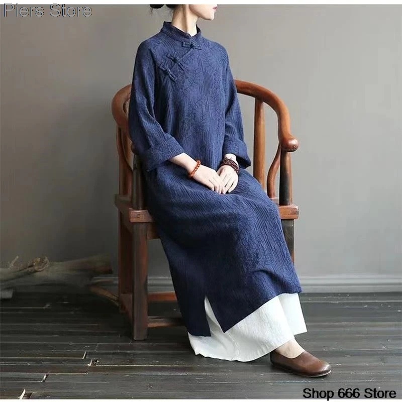 

Traditional Chinese Women's Cheongsam Cotton Linen Robe New Female Robe Retro Femeal Top Skirt Shirt HanfuTang Suit Party Dress