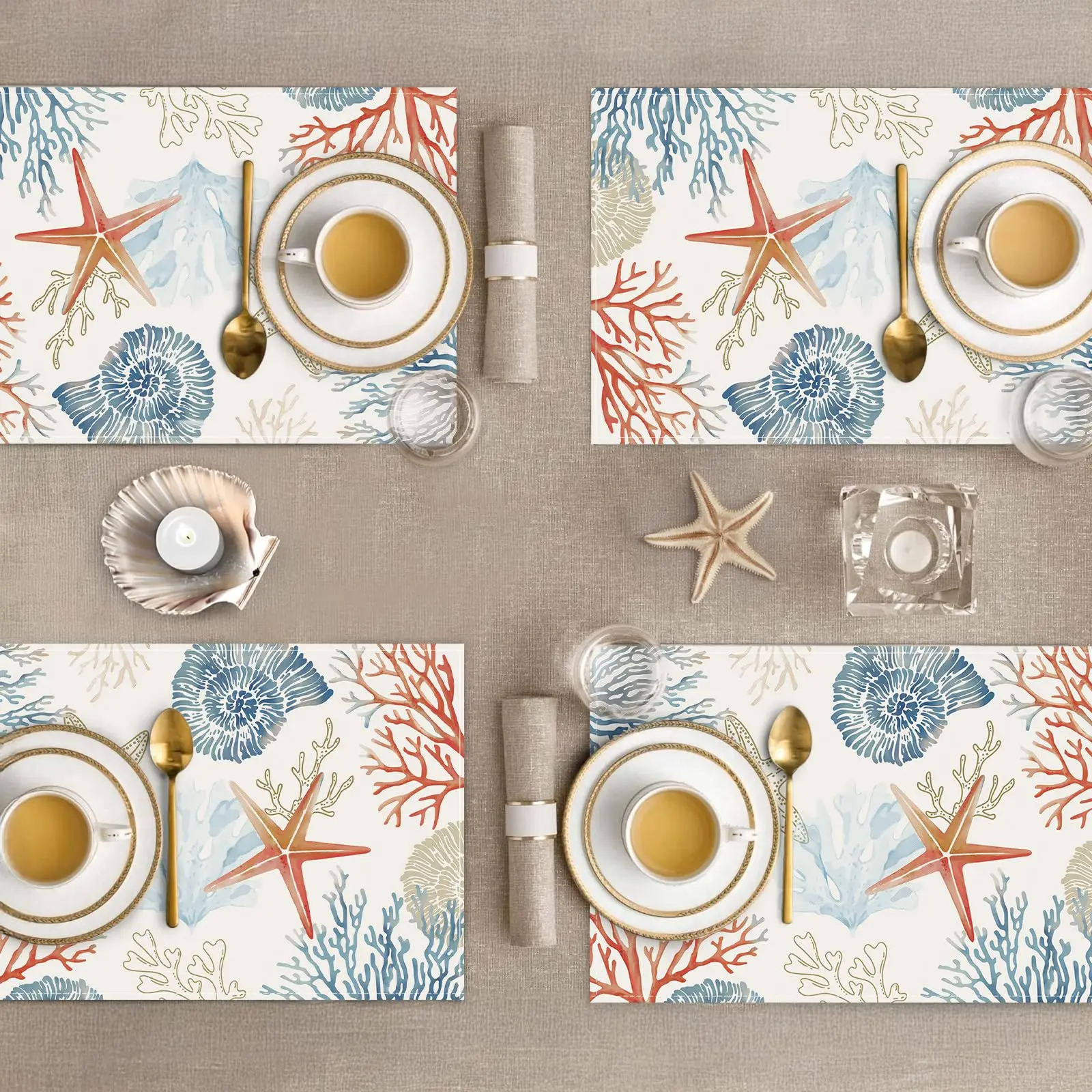 Nautical Coastal Placemats 30x45cm 4pcs Ocean Themed Starfish Coral Beach Kitchen Dining Table Mats Washable Place Home Decor