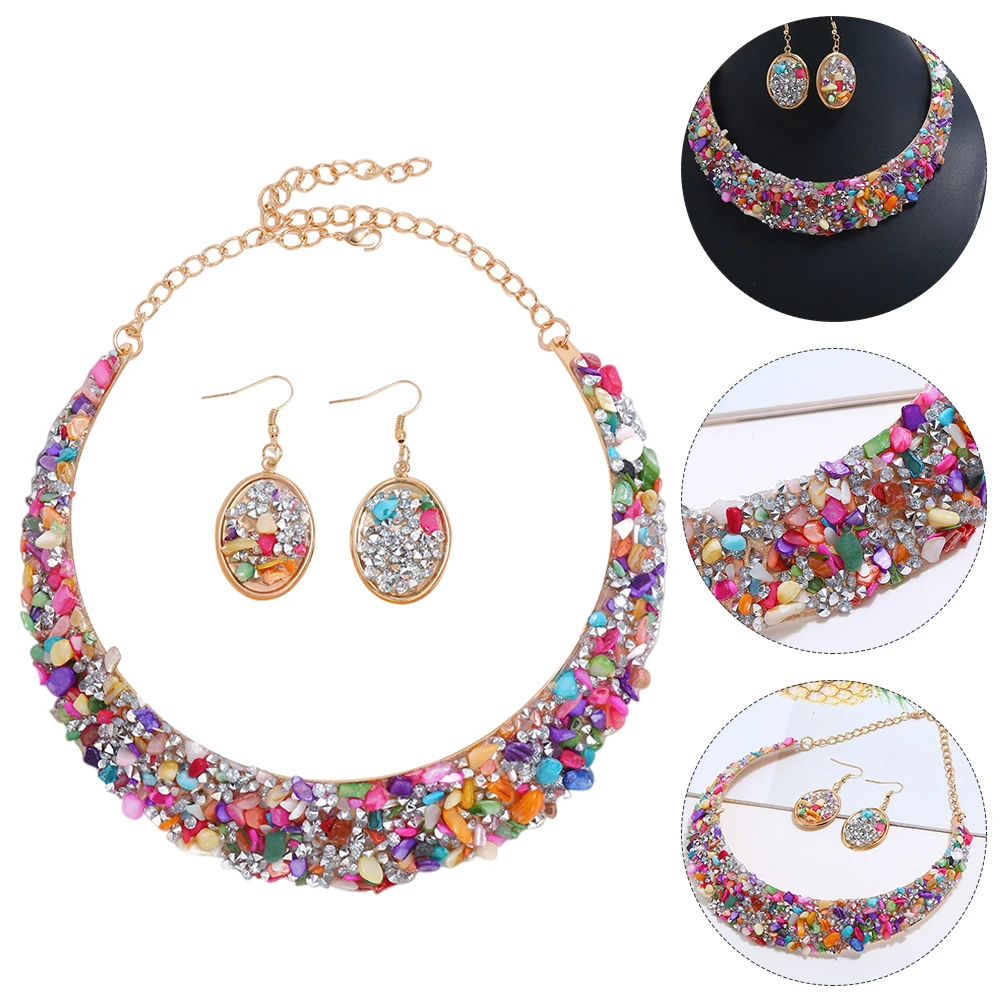 

1Set Colorful Necklace Earring Jewelry Kit Rhinestone Choker Dangler Set Stylish Women Neck Jewelry for Birthday Party Festival