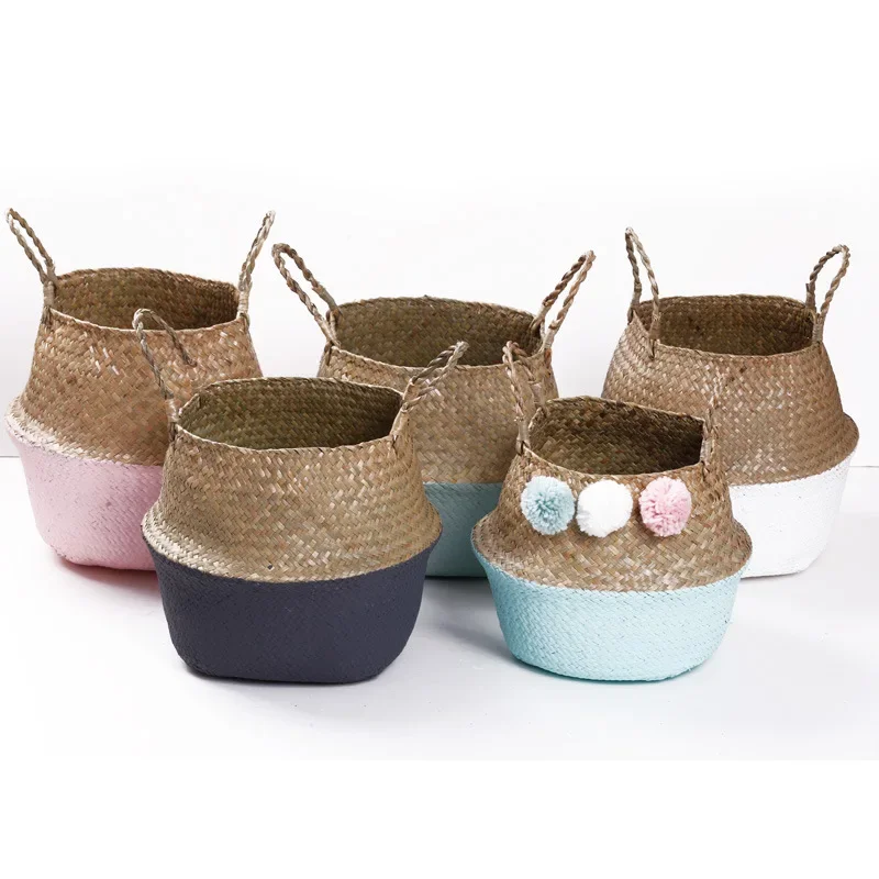 Folding Clthoes Laundry Basket Handmade Woven Storage Basket Straw Wicker Rattan Seagrass Belly Garden Flower Pot Plant Basket