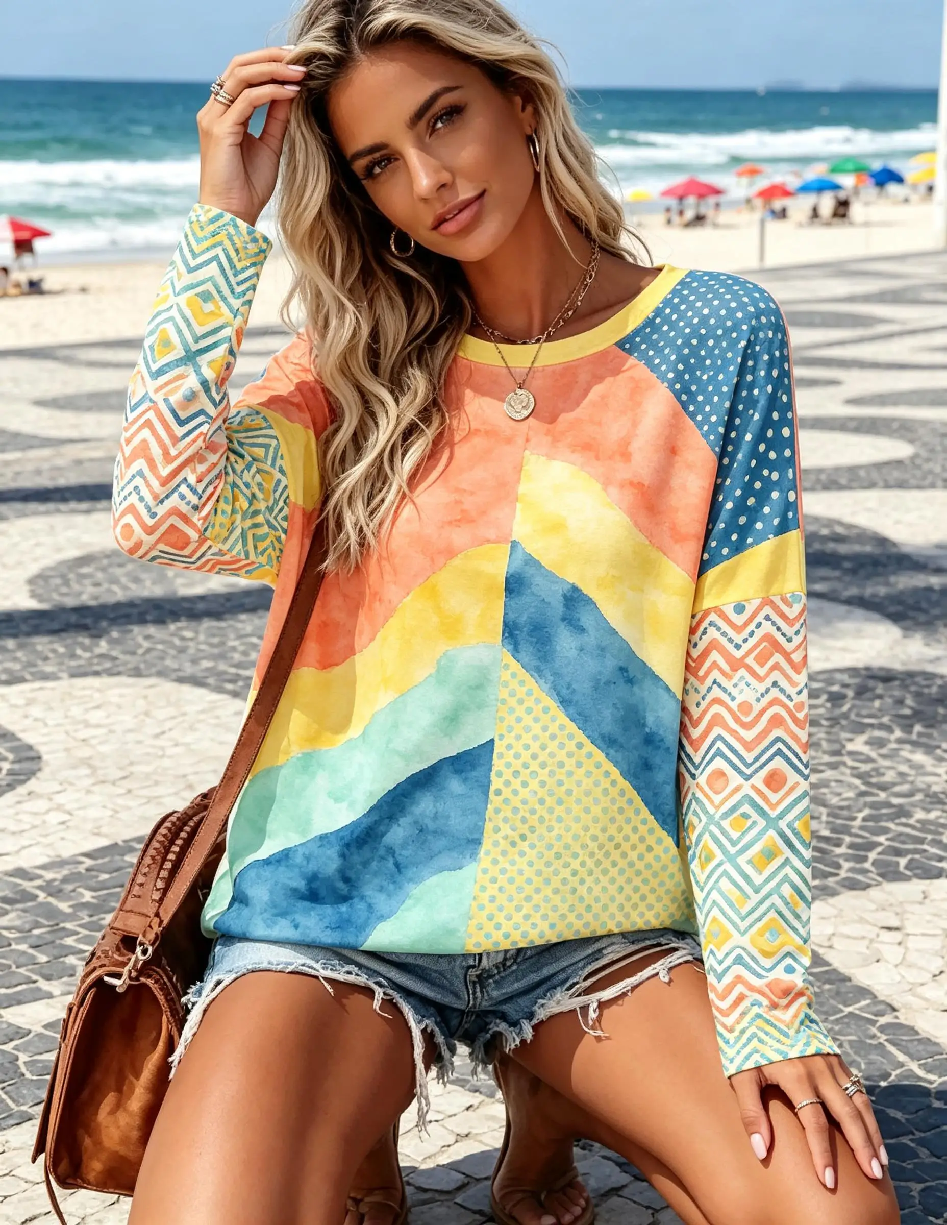 Women Crew Neck Long Sleeve T Shirt Color Block Geometric Wave Patchwork Print Oversized Loose Beach Casual Top