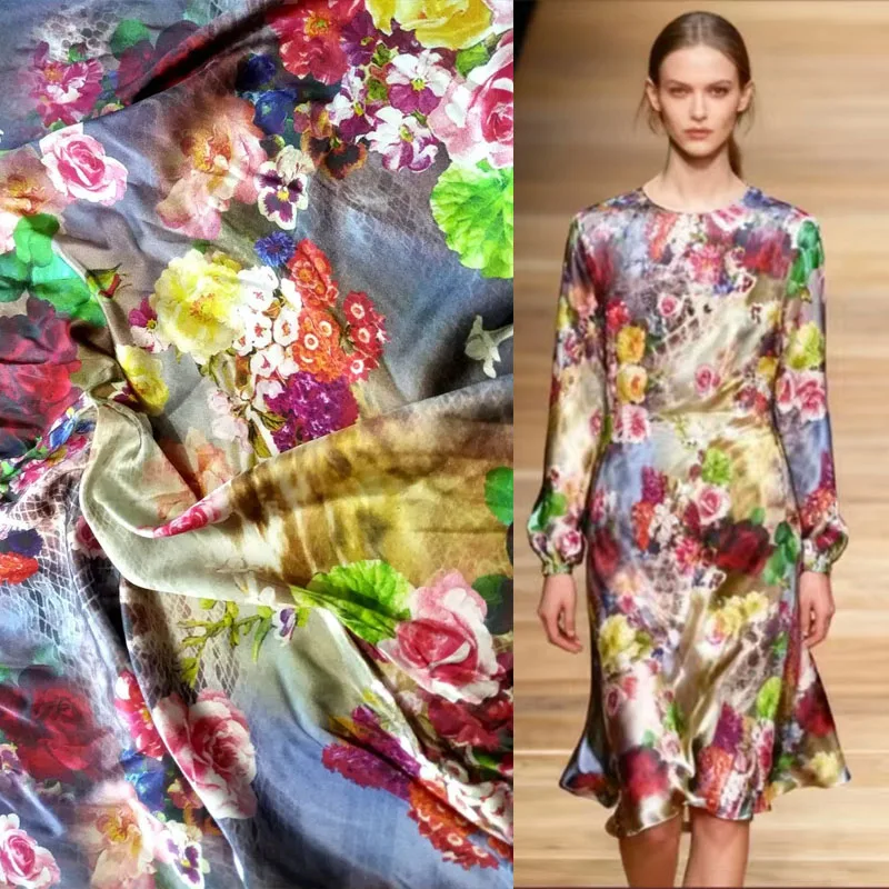 

Real mulberry silk fabrics 19momme doupioni Heavy Silk vintage fabric brown colors serpentine flowers printed wide by the meter