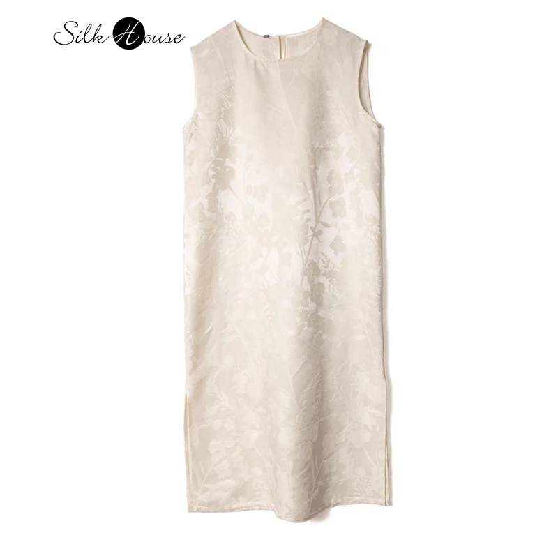 

2025 Women's Fashion Summer New Style 46.6% Natural Mulberry Silk 53.4% Sheep Wool White National Style Tank Top Dress