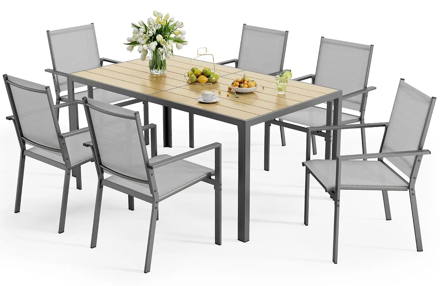 Patio Table and Chairs Set for 6, Outdoor Dining Set, Grey&Brown | Includes 59.5