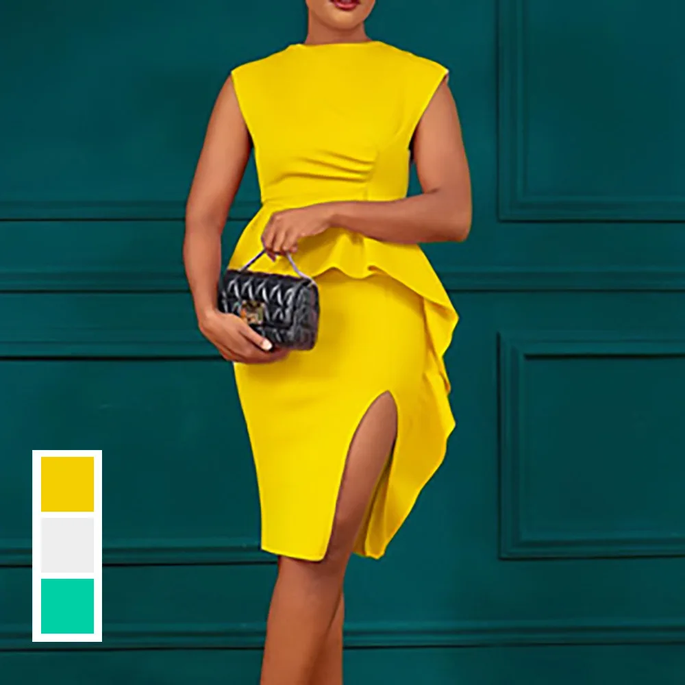 D2462026 Summer New Solid Color Pleated Ruffle Hem Split Bodycon Business Dress