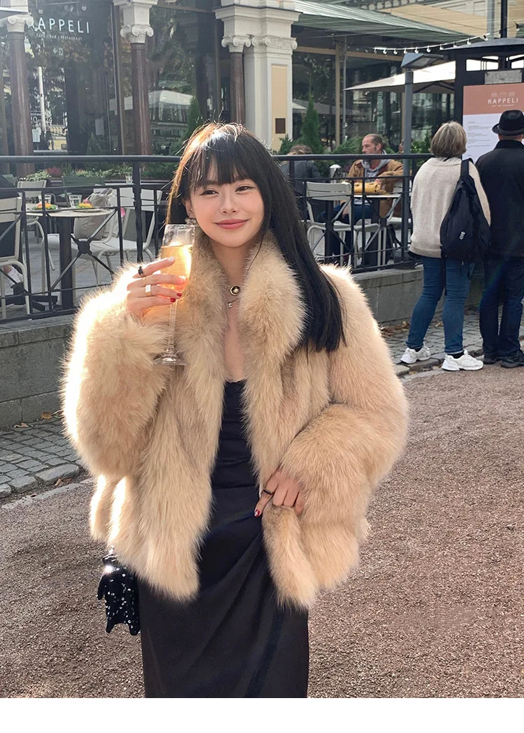 Women Faux Fox Fur Coats Solid Fur Jackets Cotton Linen Haf High Collar Long Sleeves Open Stitch Loose Casual 2026 Autumn Winter