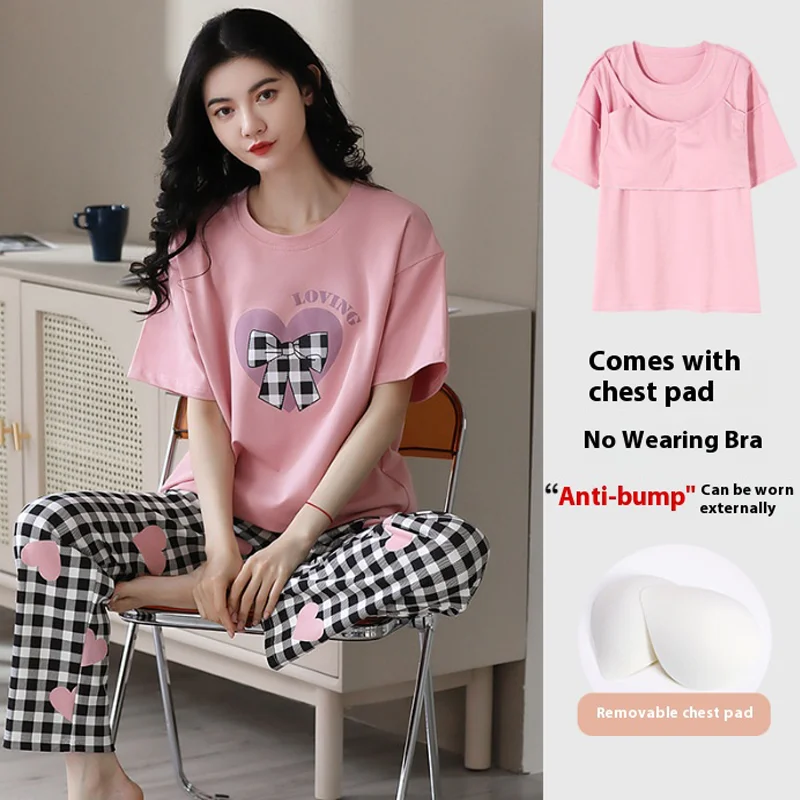 Pajamas with Cushion Female Summer Teenage Girls Cute Sweet Short-Sleeved Long Pants Two-Piece Suit Can Be Worn Outside Home Wea