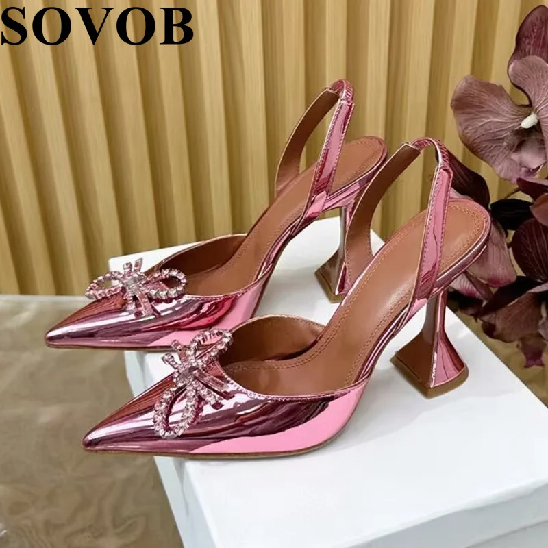 Summer Shiny Crystal Decor Back Strap Thin Heel Sandalias Women's Pointed Toe Patent Leather Sandal Banquet Dress Shoes Pumps