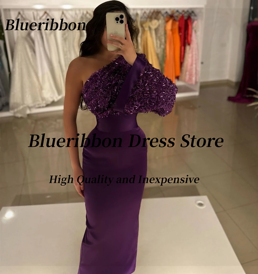 Blueribbon Dubai Special Banquet One Shoulder Prom Dress for Women Long Sleeve Cocktail Party Ankle Length Mermaid Evening Gowns