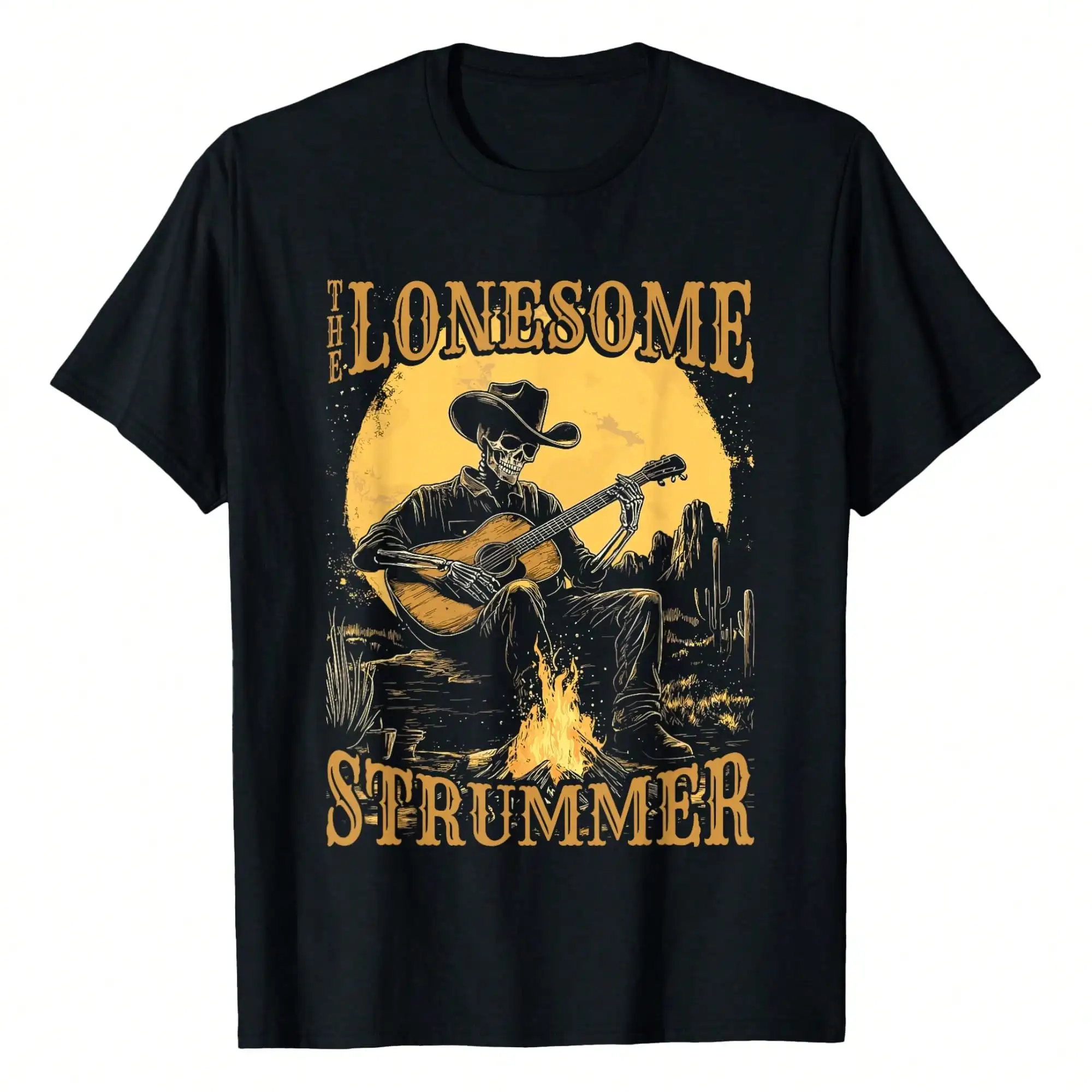 

The Lonesome Strummer Acoustic Guitar Playing Skeleton T-Shirt Tees Short Sleeve Casual Women Men T Shirts 100% Cotton Tee Shir