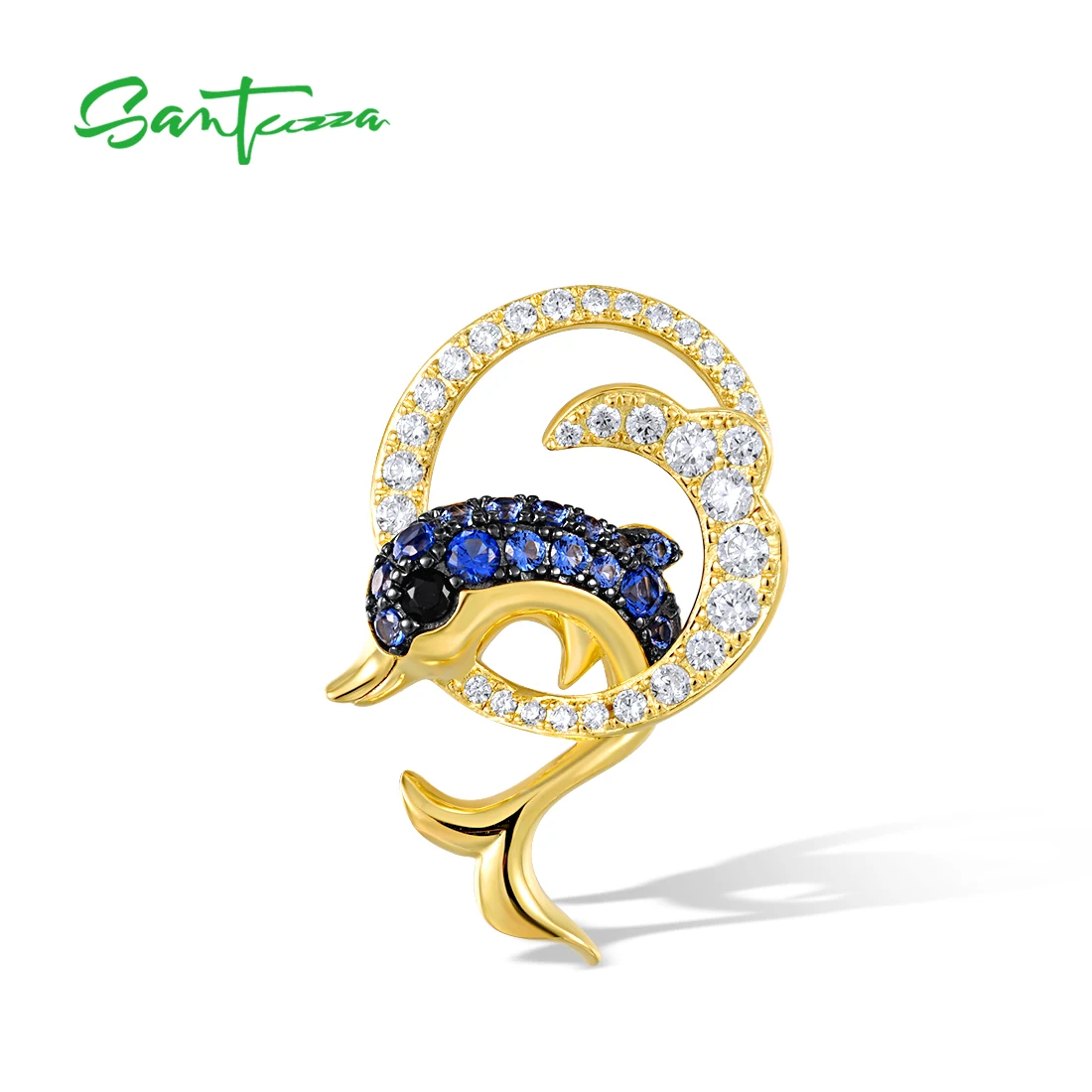 SANTUZZA 925 Sterling Silver Pendant For Women Sparkling Black Spinel Blue White CZ Dolphin Delicate Chic Ocean Fine Jewelry