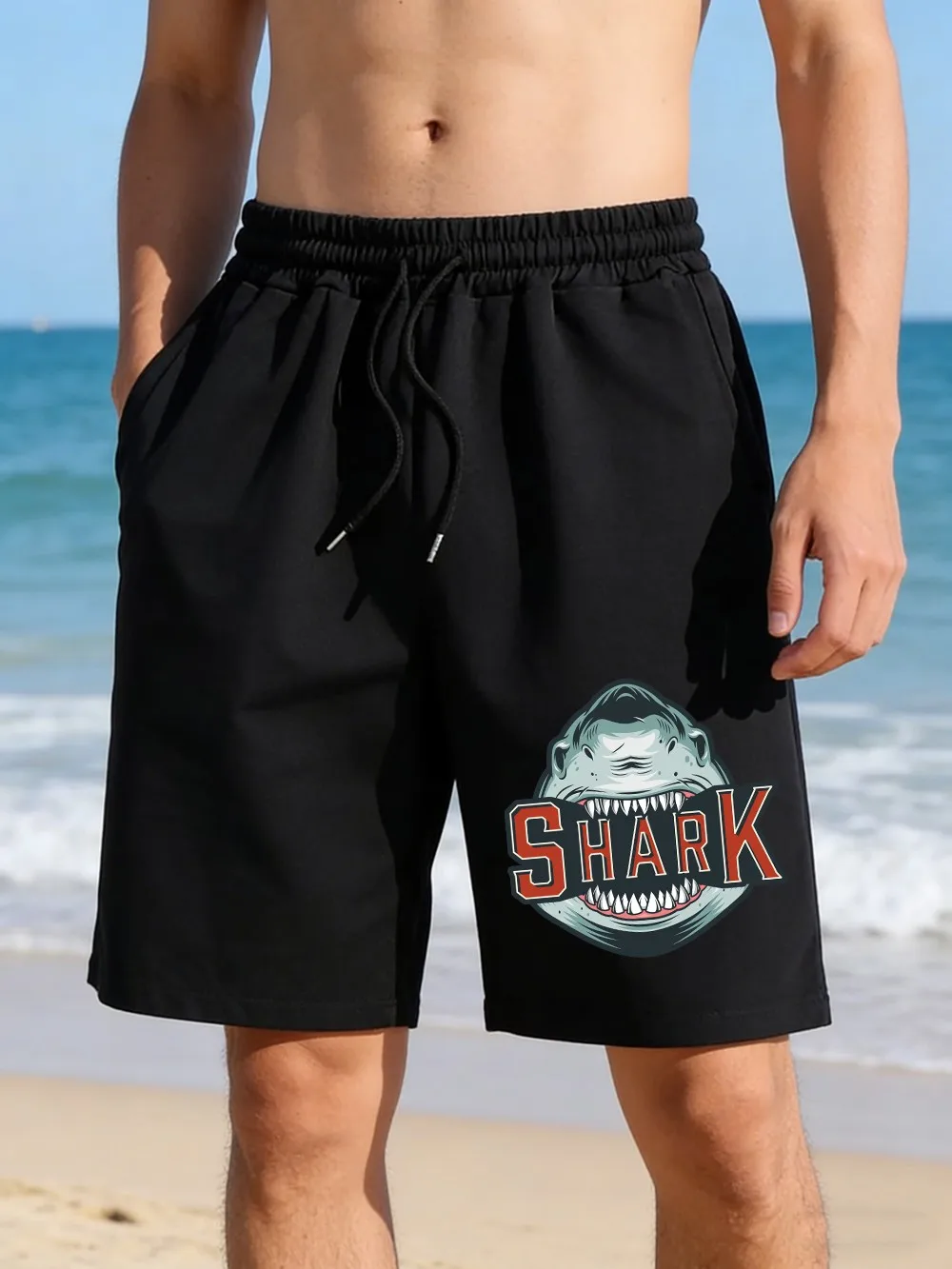 

Винтажные шорты с принтом акулы, мужские базовые шорты с высокой талией, широкие пляжные шорты, летние шорты с большими карманами, повседневная мужская одежда