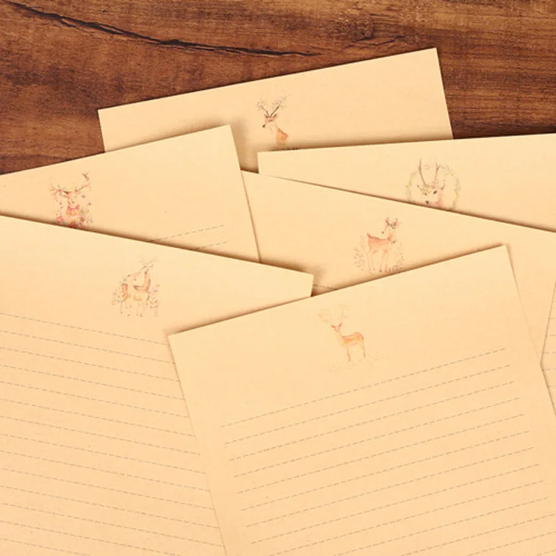 10 ซอง, หัวจดหมาย 10 แผ่น, เส้นแนวนอน, ซองจดหมายย้อนยุค, ชุดกระดาษคราฟท์กวาง