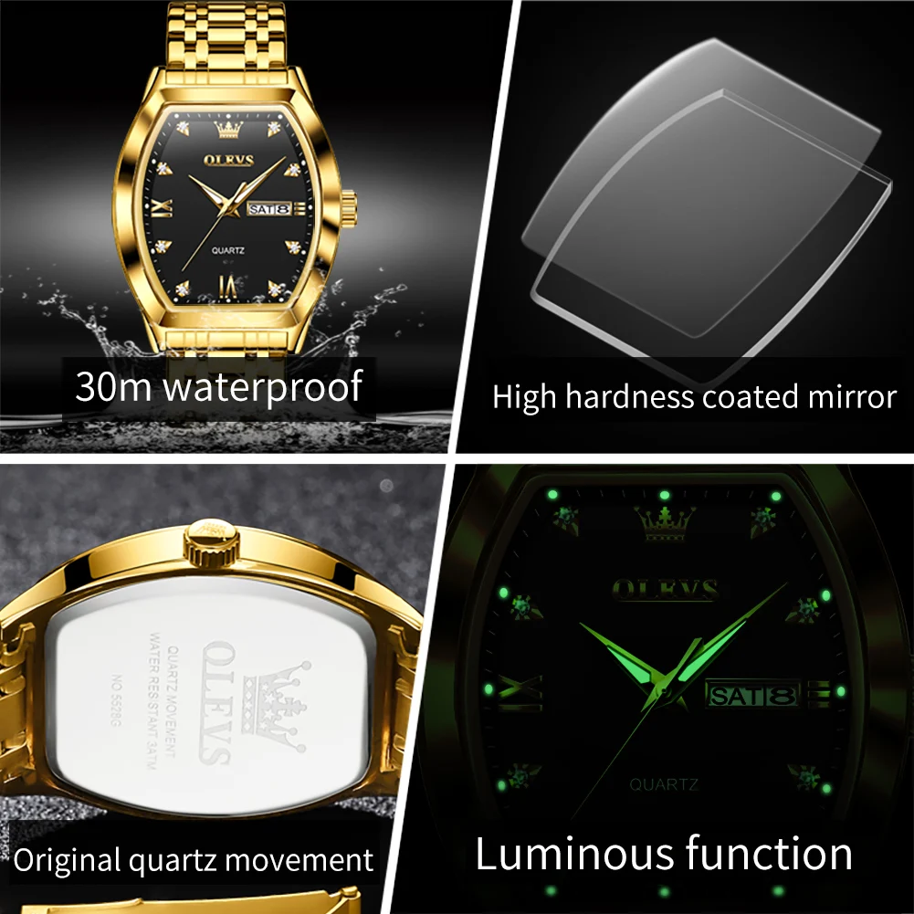 OLEVS 5528 Quartz Men\'s Watch Luxury Brand Diamond Business Stainless Steel Waterproof Tonneau dial Gold Watch Reloio Masculino