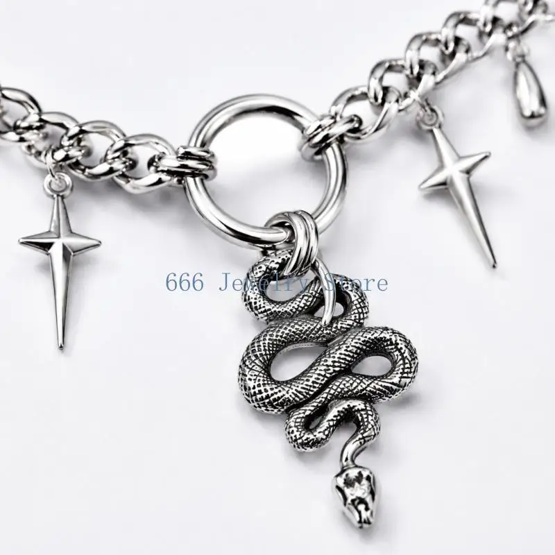 F2TD Gothic Snake Pendant Necklace Featuring a Central Ring, Hanging Teardrop Details and a Bold Silver-Tone Curb-Link Chain for