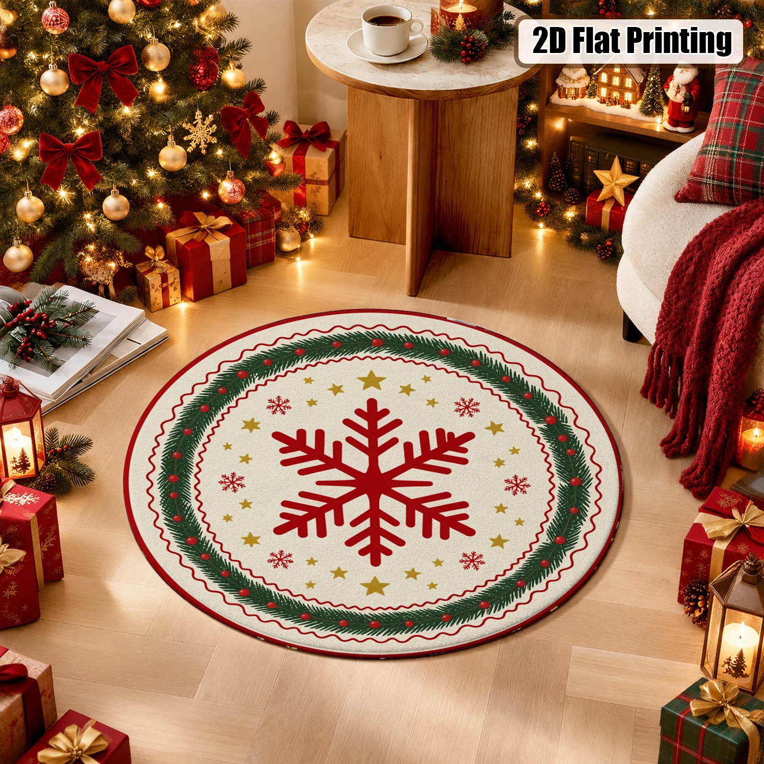 Red Snowflake Green Garland Star Pattern Round Velvet Rug Machine Washable for Living Room Dining Room Bedroom Halloween Thanksgiving Black Friday Cyber Monday Christmas New Year