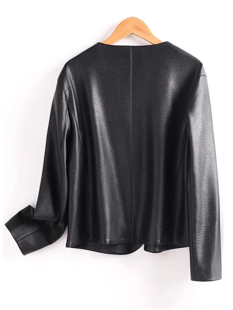 Nuovo Donne Casual Pelle Split Giacca Primavera Autunno Moda O-Neck Manica lunga Cappotto in pelle allentata Semplicità Cappotto corto Donna