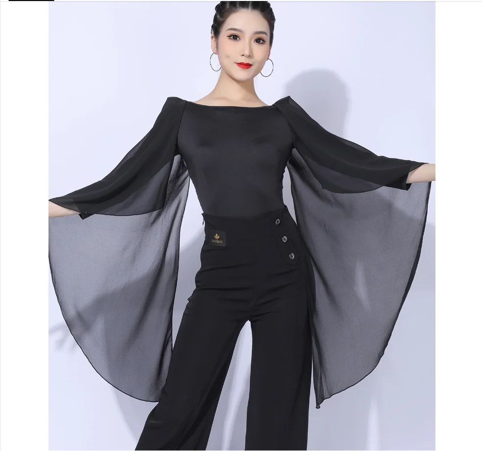 Sexy Lace Stitching Ballroom Dance Tops Black Mesh Sleeve Bodysuit Tango Dancing Performance Costume Waltz Dancewear