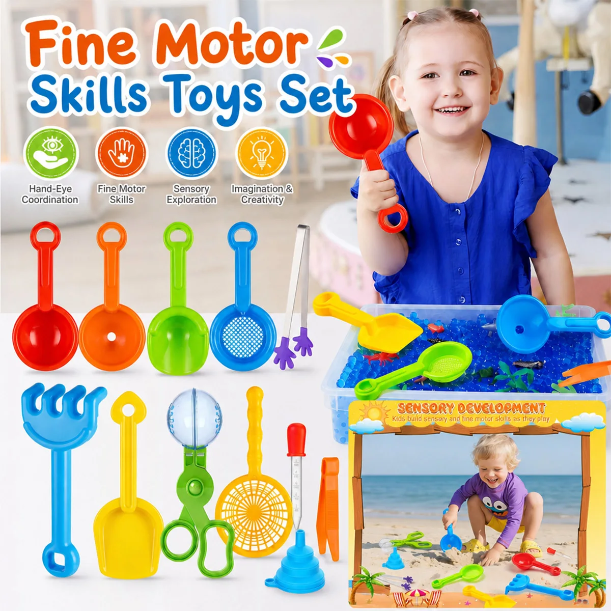 4-12Pcs Sensory Bin Tools Set Scoop Rake Tongs Tweezers Net Dropper Funnel Kids Fine Motor Skills Toy Beach Sand Water Table