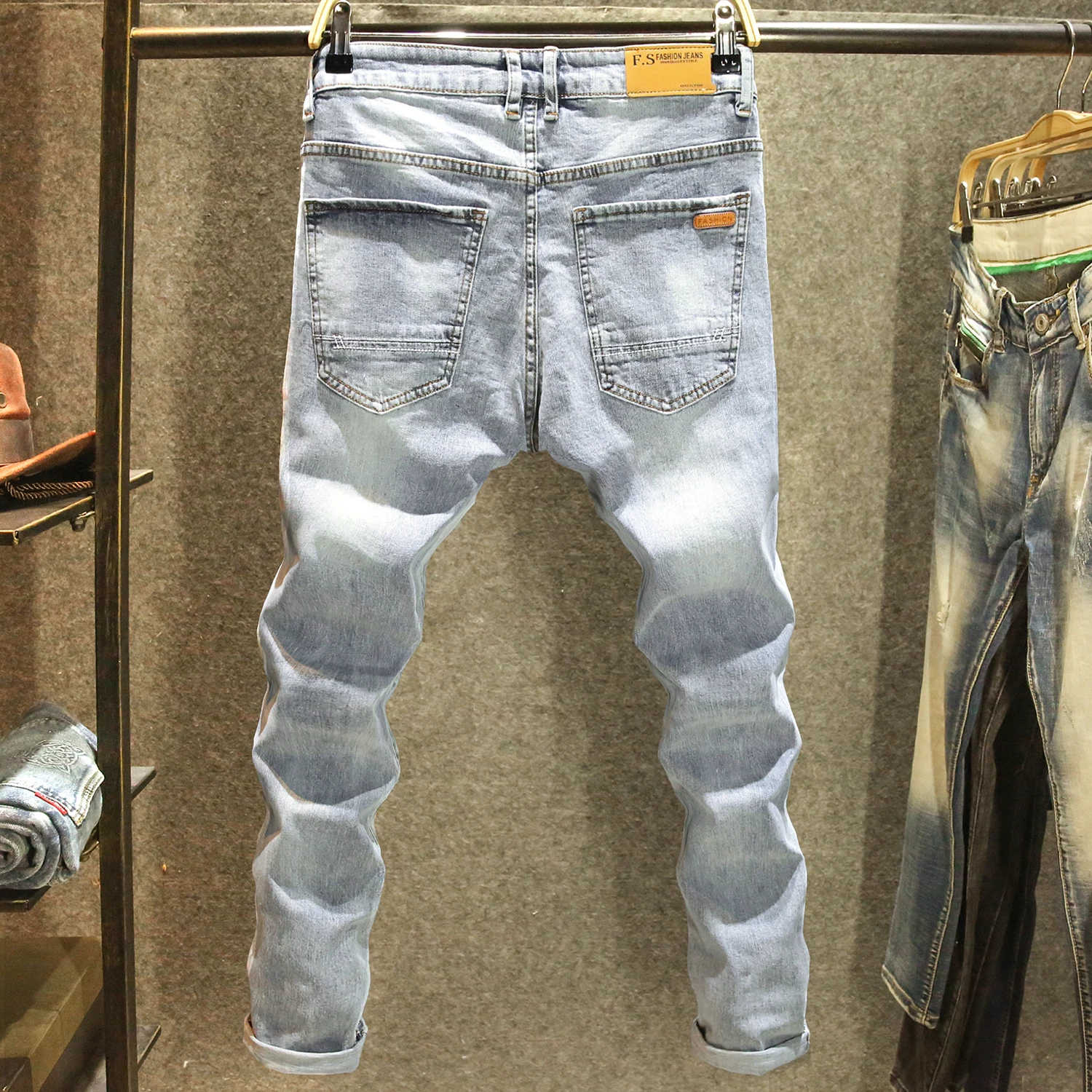 

Fashionable Slim Fit Men's Jeans Distressed Washed Light Colored Casual Simple Nine Point Pants mid High Waist Regular Thickness